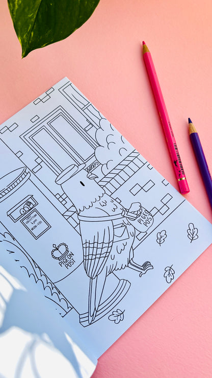 Postman illustration of a pigeon in a colouring book for adults and kids 