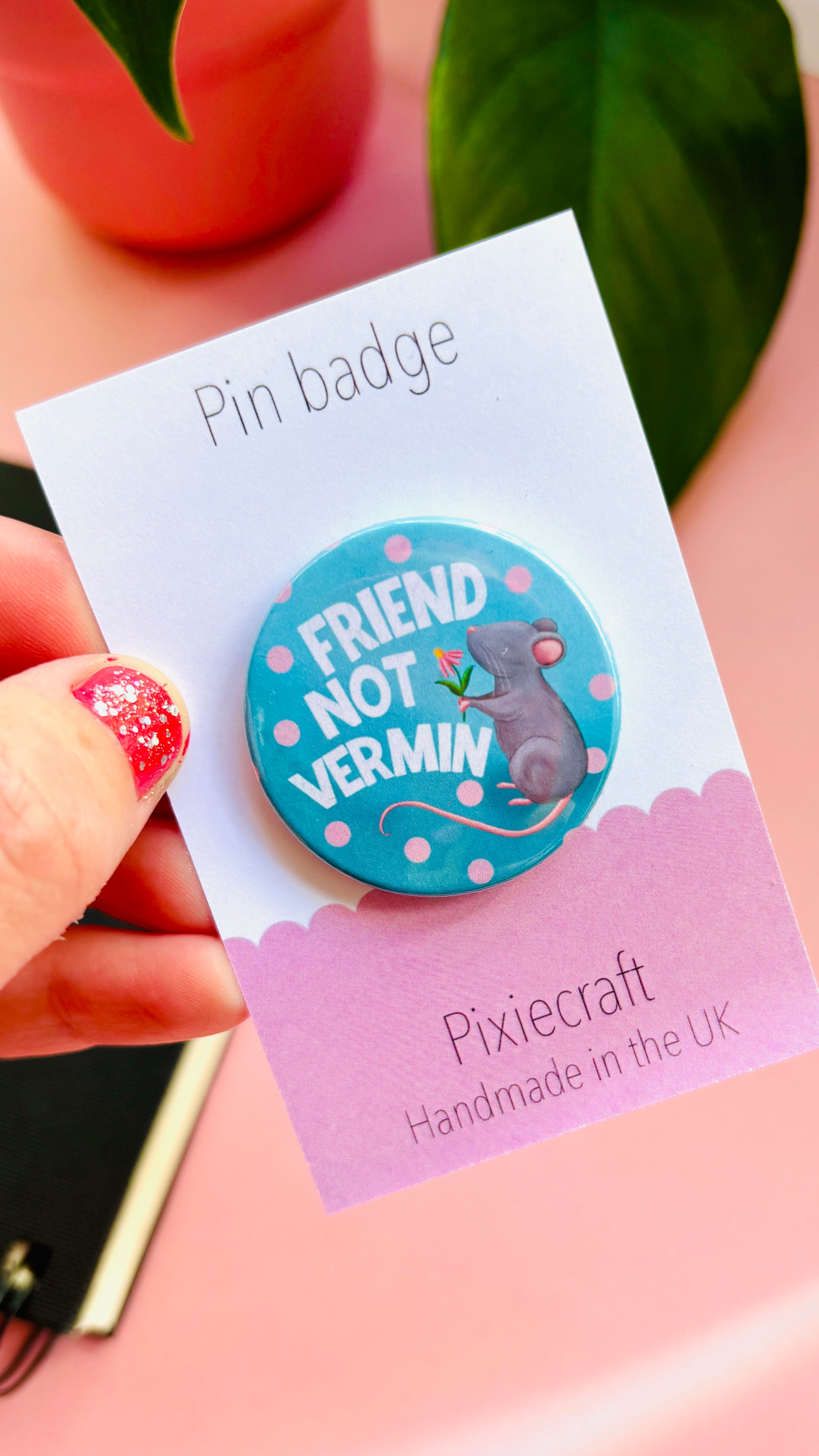 Hand-illustrated rat badge or magnet reading “Friend Not Vermin,” perfect for rat lovers, pet owners, and animal advocacy enthusiasts.