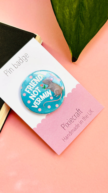 “Friend Not Vermin” rat accessory, hand-illustrated badge or magnet, eco-friendly gift for rat lovers, pet owners, and animal advocates.