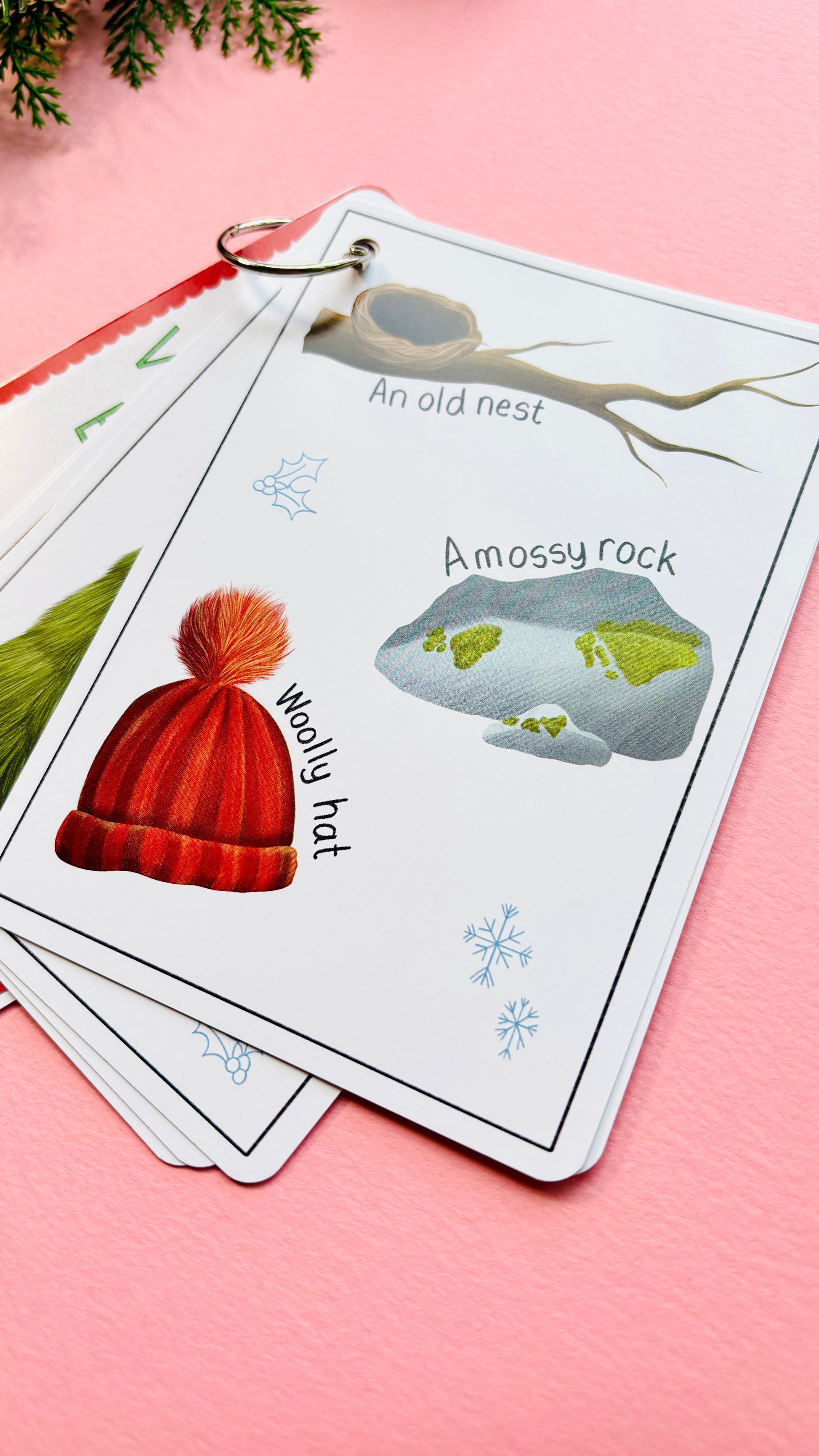 Winter scavenger hunt cards for nature lovers outdoor family activity printable featuring illustrated forest and wildlife items.