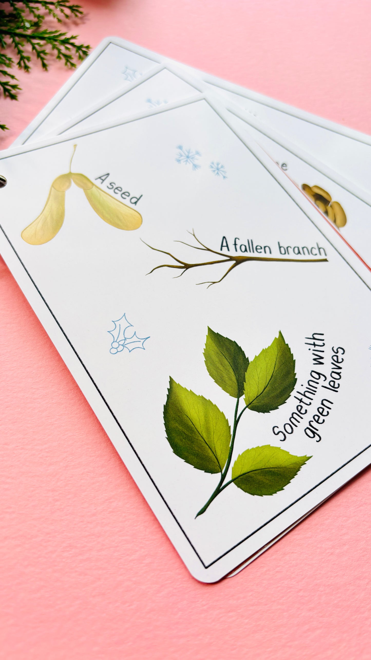 Colourful winter scavenger hunt cards for kids showing nature items to find outdoors, such as icicles, berries, and footprints in the snow. Great for outdoor education resources, forest school, Montessori resources and home education. 