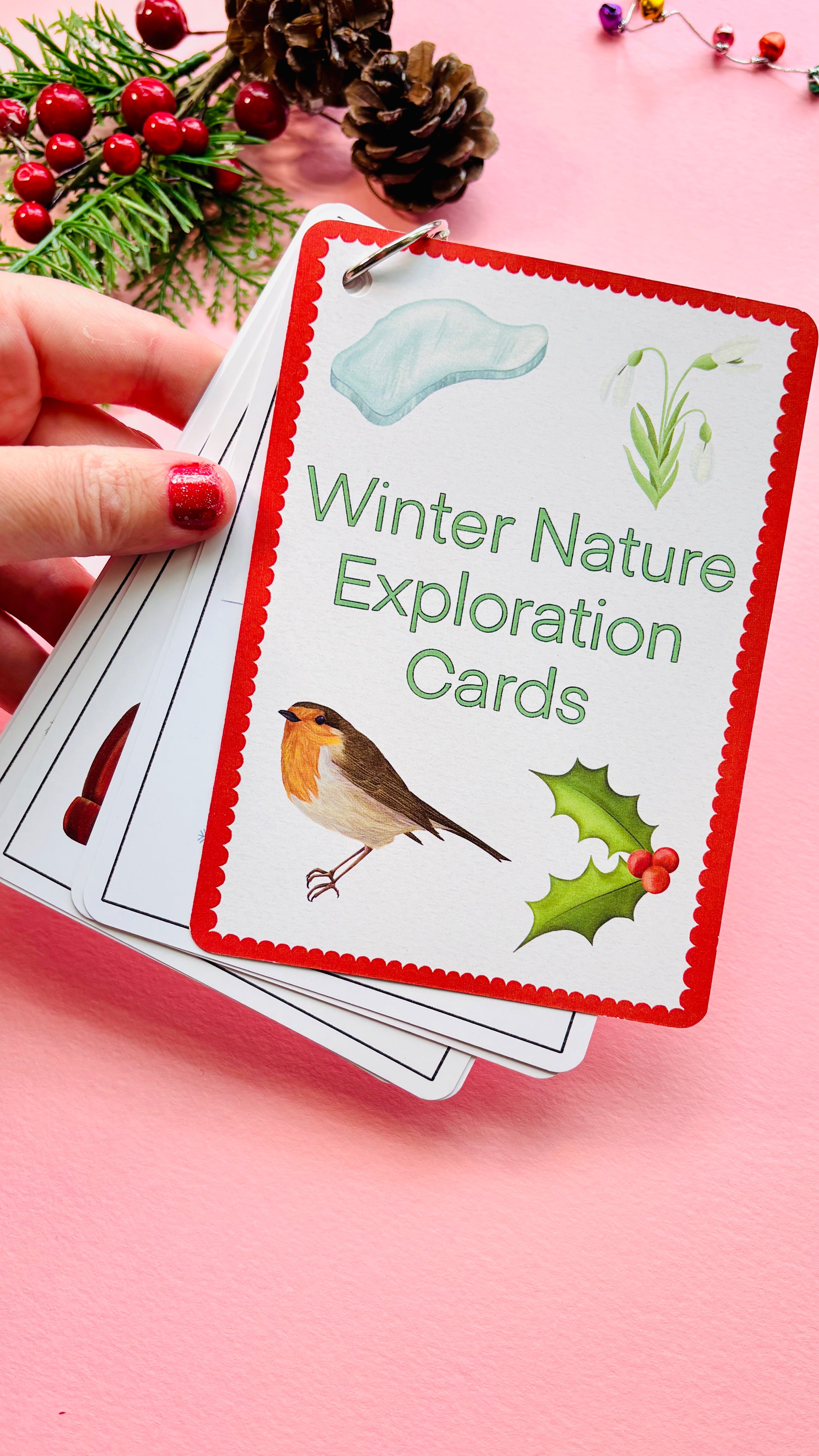 Winter nature scavenger hunt cards gift set- beautifully illustrated activity cards for kids, families, and nature enthusiasts. 