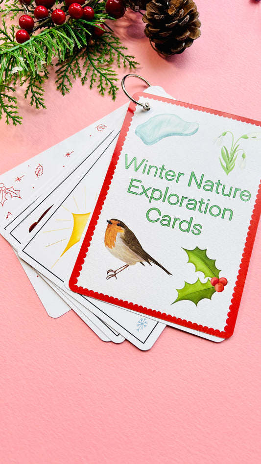 Set of printable winter nature scavenger hunt cards featuring illustrations of outdoor items like pinecones, animal tracks, snowflakes, and evergreen trees.