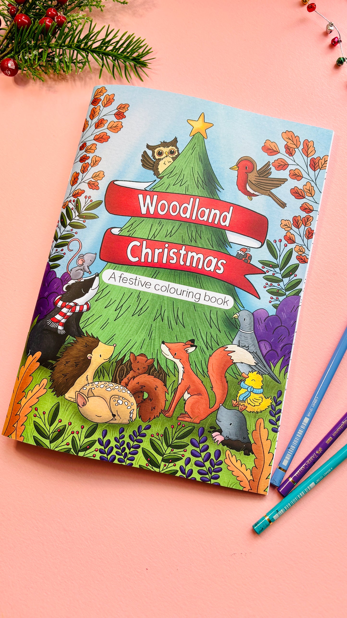 Woodland Christmas colouring book for kids and adults  festive nature-themed colouring pages with forest animals, trees, and holiday scenes