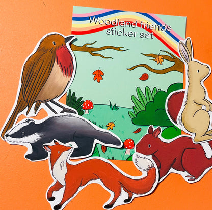 An illustrated set of stickers including a robin,hare, badger, red squirrel and fox 