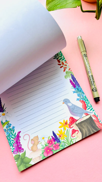 Cute indie A5 notepad featuring a woodland pigeon and robin design, nature inspired stationery