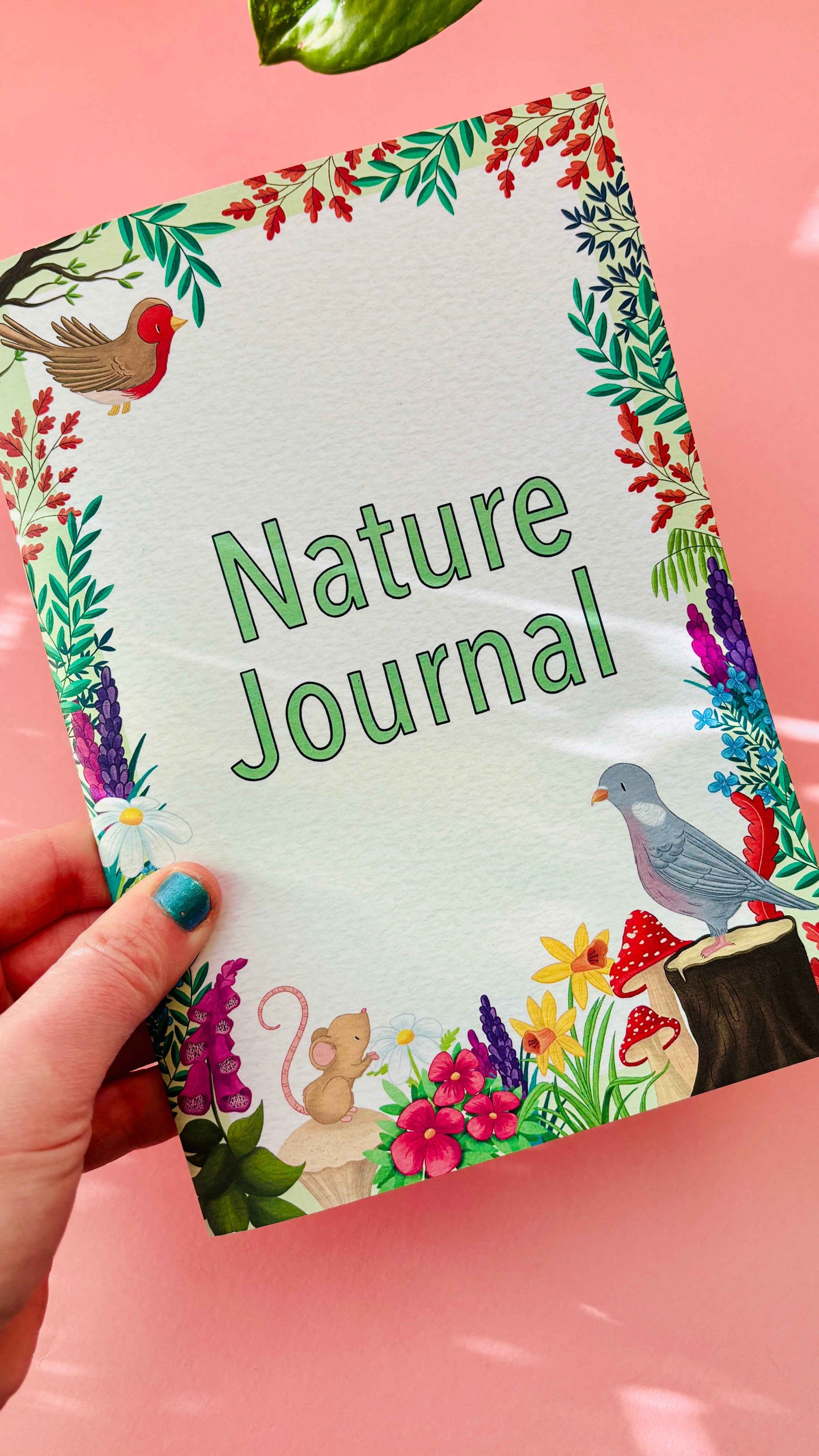 Illustrated cover of an A5 nature observation journal, full colour nature artwork designed and printed in the UK