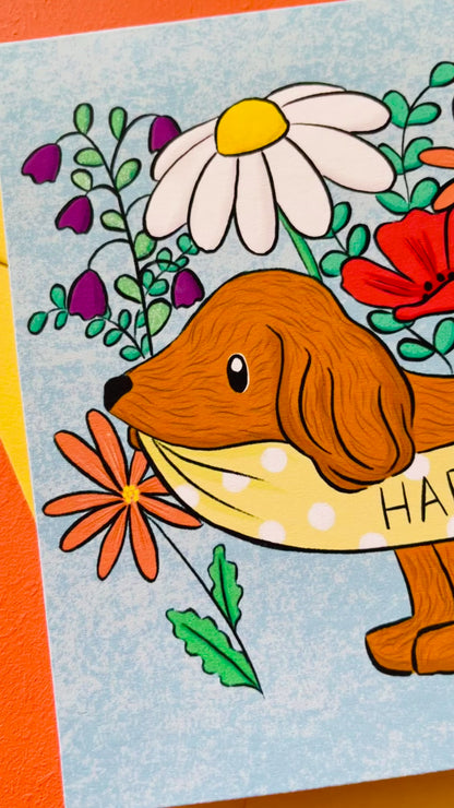 Daschund Illustrated Birthday Card