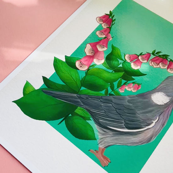 British wildlife pigeon art print for nature lovers. This cute print features an adorable wood pigeon in front of a bunch of pink foxglove plants. The perfect gift for nature lovers. 