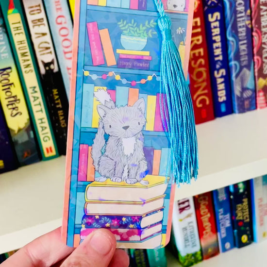 Cat and books illustrated rainbow bookmark