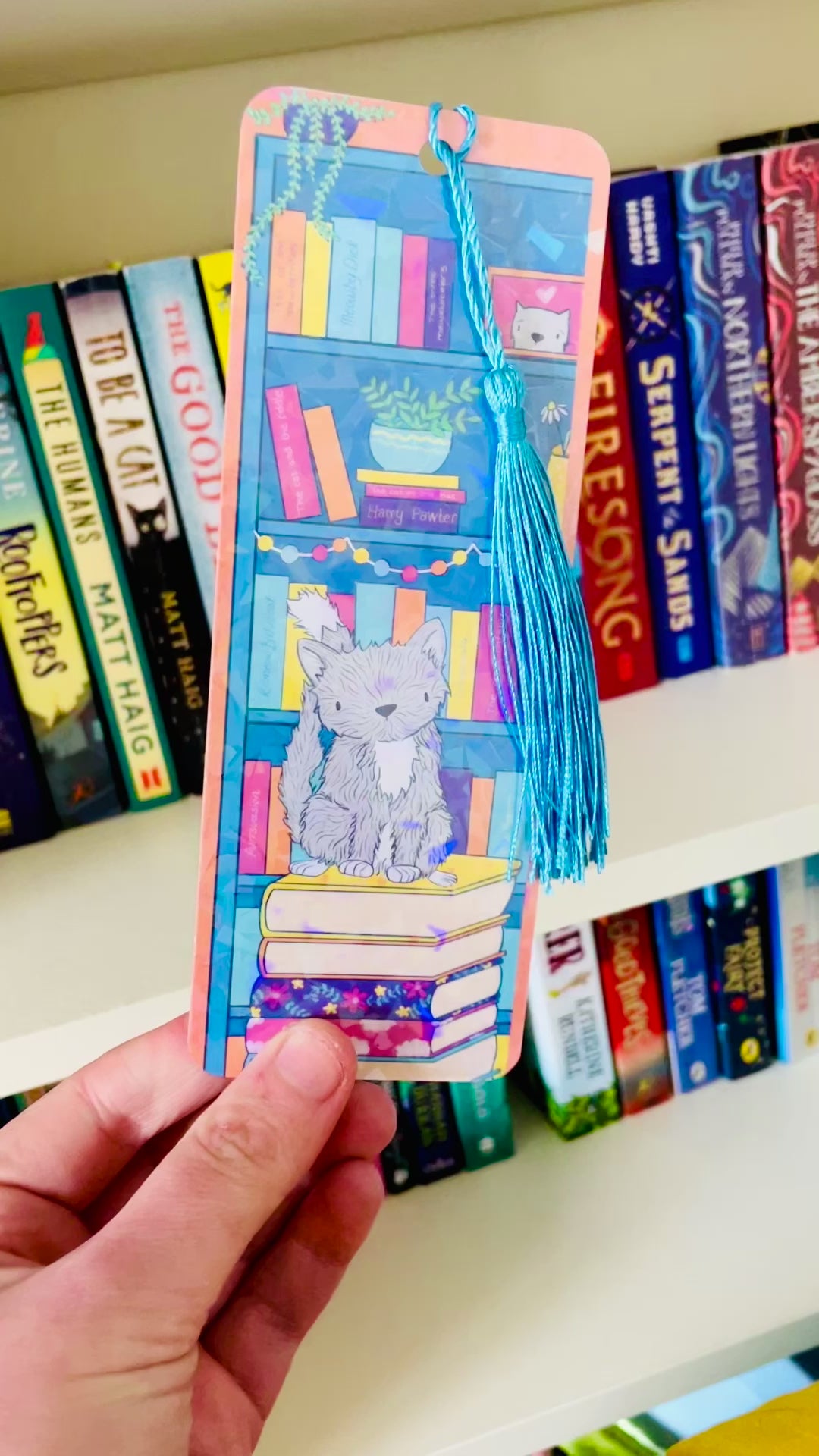 Cat and books illustrated rainbow bookmark