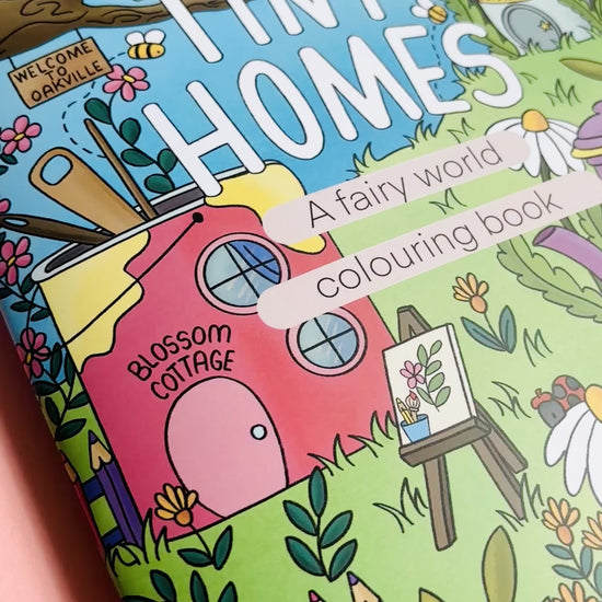 Hand drawn fairy colouring book for adults with 10 cute illustrated pages of tiny fairy house with a whimsical fantasy theme. A4 size and full colour cover perfect for gifts for kids and adults. 