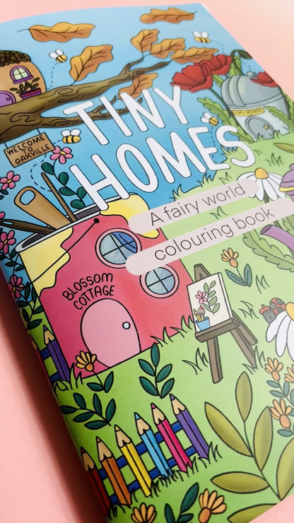 Hand drawn fairy colouring book for adults with 10 cute illustrated pages of tiny fairy house with a whimsical fantasy theme. A4 size and full colour cover perfect for gifts for kids and adults. 