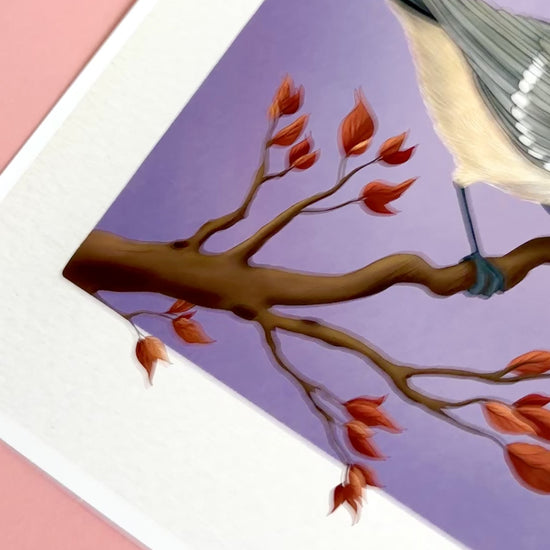 Coat tit bird wall art of British birds. This detail illustration of a cute coal tit perched on an autumn branch is set against a purple gradient background and makes perfect autumn home decor for a cosy seasonal feel. Or a gift for nature lovers, gardeners, bird lovers and fans of cottagecore decor aesthetics 
