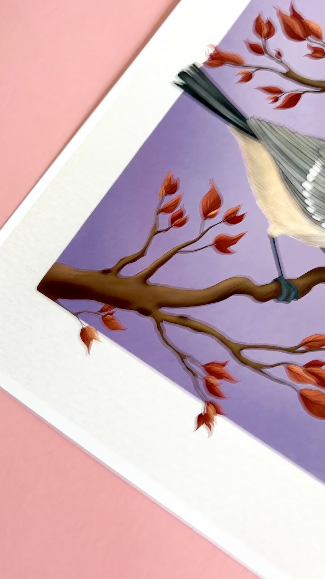 Coat tit bird wall art of British birds. This detail illustration of a cute coal tit perched on an autumn branch is set against a purple gradient background and makes perfect autumn home decor for a cosy seasonal feel. Or a gift for nature lovers, gardeners, bird lovers and fans of cottagecore decor aesthetics 