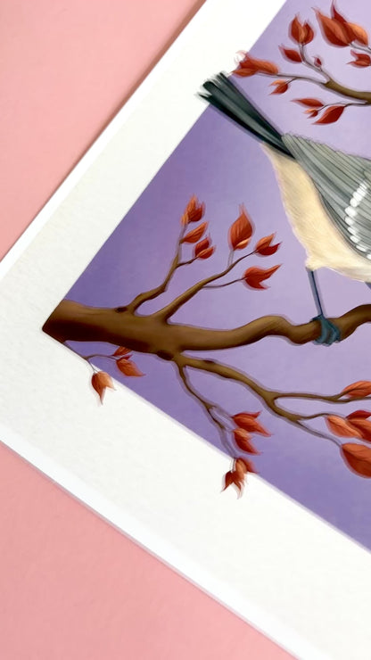 Coat tit bird wall art of British birds. This detail illustration of a cute coal tit perched on an autumn branch is set against a purple gradient background and makes perfect autumn home decor for a cosy seasonal feel. Or a gift for nature lovers, gardeners, bird lovers and fans of cottagecore decor aesthetics 