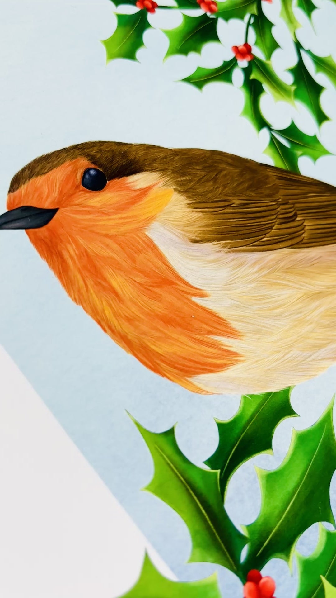 Robin art print for nature lovers. Nature inspired wall art ideal for Christmas decor as this beautiful bird illustration features a red breast robin sat atop a log against a holly backdrop. 