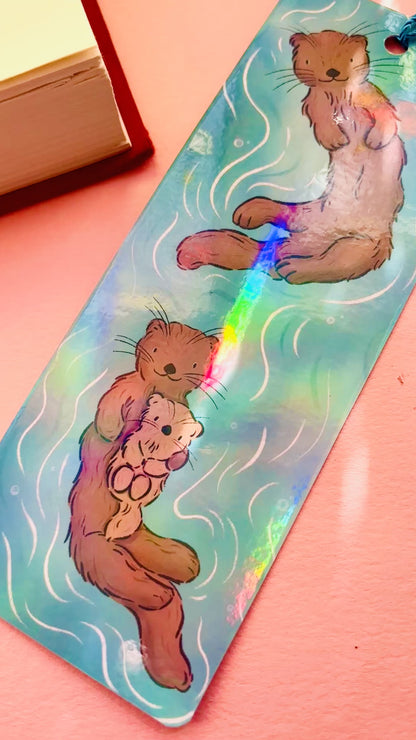 Otter Art Rainbow Holographic Bookmark for Ocean Lovers