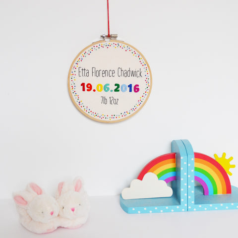 New Baby Personalised Wall Hanging Rainbow Hoop Art