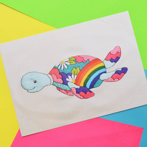 Rainbow Turtle Hand Embroidery A5 Art Print
